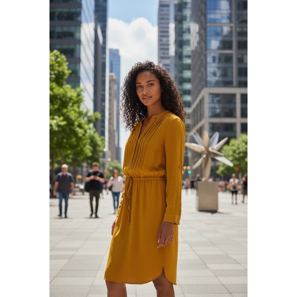Banana Republic Mini Dress Womens 14 Mustard Yellow Drawstring Waist Boho